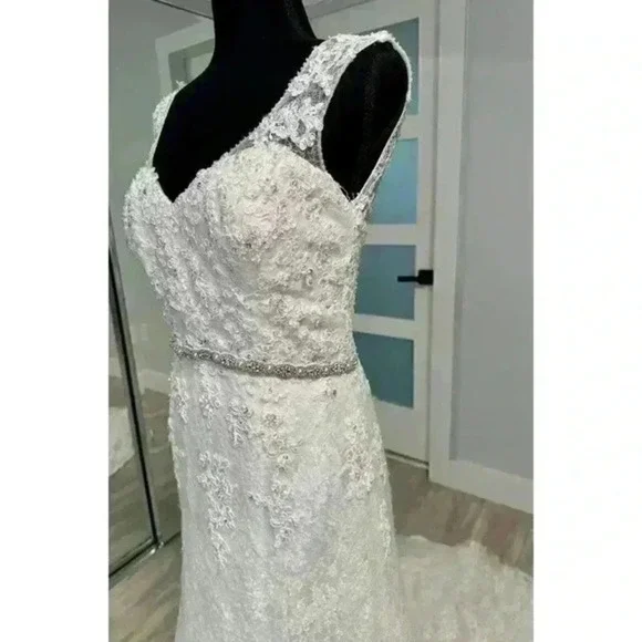 Elegant Lace Wedding Dress V Neck Beaded Sash Trumpet Silhouette sz 4-6